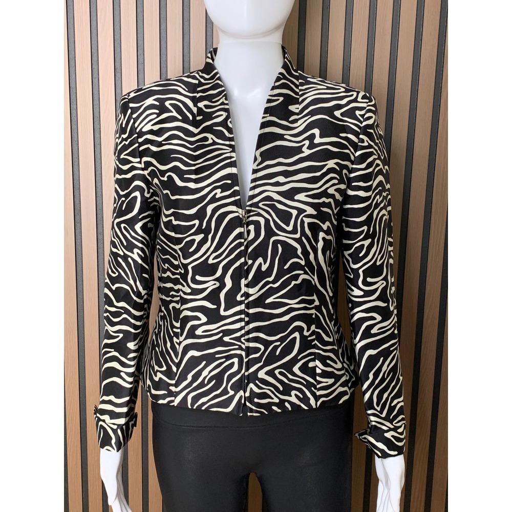 Talbots Women's Zebra Print Silk Wool Blend Zip Front Jacket Black White 4